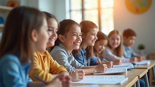 Happy smiling students learning English in the classroom
