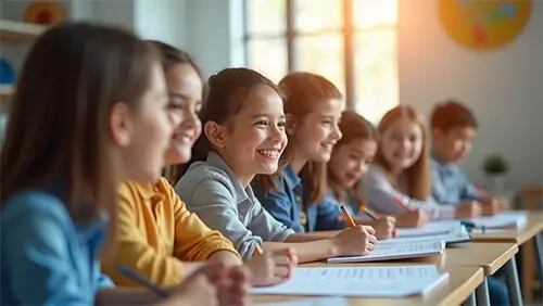Happy smiling students learning English in the classroom