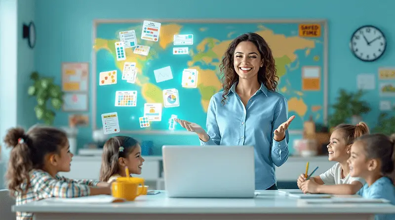 Enthusiastic ESL teacher teaching engaged students in a classroom with floating teaching resources coming out of her laptop