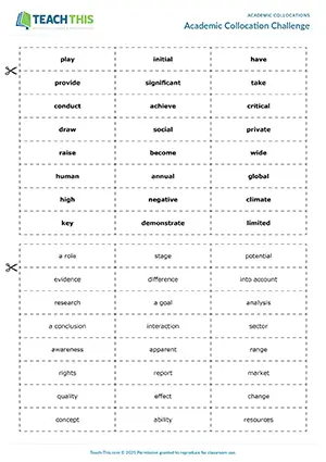 ACL Academic Collocation Games preview for Upper-intermediate B2: pelmanism, matching, snap, sentence formation, pair work