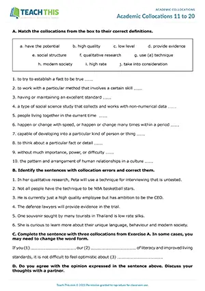 ACL Academic Collocations 11 to 20 Worksheet preview for Intermediate B1: matching, identifying, error correction, gap-fill, guided discussion, pair work