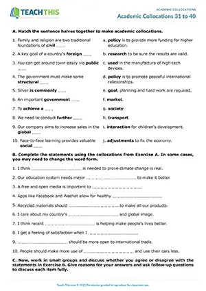 ACL Academic Collocations 31 to 40 Worksheet preview for Intermediate B1: matching, gap-fill, guided discussion, communicative group work