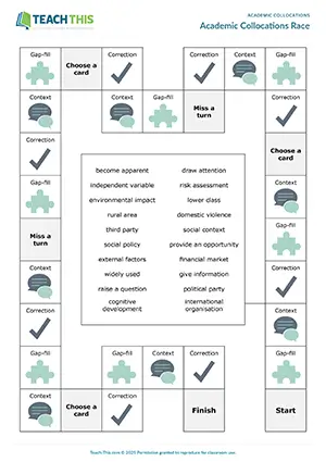ACL Academic Collocation Game preview for Upper-intermediate B2: gap-fill, giving reasons, error correction, freer practice, group work