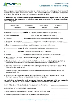 ACL Academic Collocations Worksheet preview for Advanced C1: gap-fill, ordering, binary choice, identifying, rewriting sentences, paragraph writing