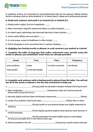 EAP Academic Style and Tone Worksheet preview for Intermediate B1: categorising, identifying, table completion, table completion, gap-fill, rewriting sentences, matching, writing a paragraph