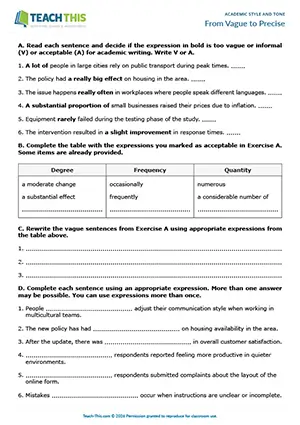 EAP academic style and one worksheet preview for Upper-intermediate (B2) showing categorising, table completion, rewriting sentences, gap-fill, short-answer questions, paragraph writing