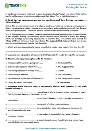 EAP academic style and tone worksheet preview for Upper-intermediate (B2) showing identifying, matching, gap-fill, rewriting sentences, writing a paragraph