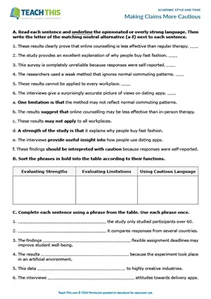EAP academic style and one worksheet preview for Upper-intermediate (B2) showing identifying, matching, categorising, gap-fill, rewriting sentences, rewriting a paragraph