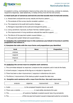 EAP academic style and tone worksheet preview for Upper-intermediate (B2) showing binary choice, identifying, table completion, gap-fill, rewriting sentences, rewriting a paragraph