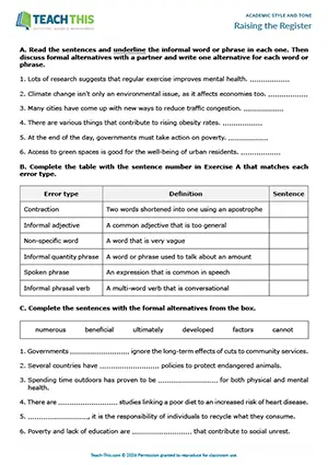 EAP academic style and one worksheet preview for Upper-intermediate (B2) showing identifying, matching, gap-fill, table completion, dictionary work, rewriting a paragraph, peer feedback, pair work