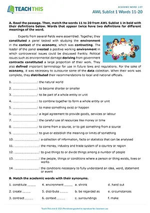Academic Word List Sublist 1 Words 11-20 Worksheet preview: matching, table completion, gap-fill, reading