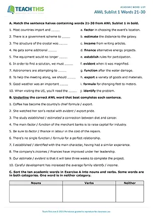 Academic Word List Sublist 1 Words 21-30 Worksheet preview: matching, binary choice, categorising, multiple choice, gap-fill