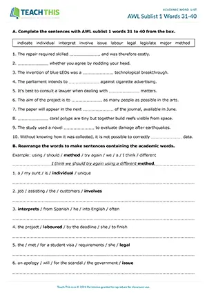 Academic Word List Sublist 1 Words 31-40 Worksheet preview: gap-fill, unscrambling, changing word form, rewriting sentences
