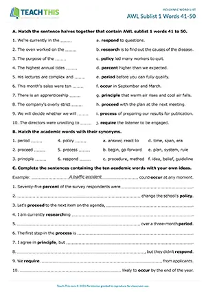 Academic Word List Sublist 1 Words 41-50 Worksheet preview: matching, sentence completion, multiple choice, gap-fill
