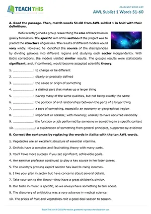 Academic Word List Sublist 1 Words 51-60 Worksheet preview: matching, error correction, gap-fill, rewriting sentences