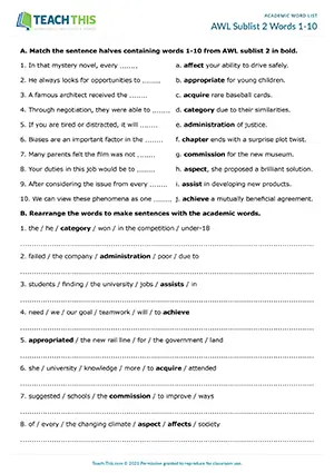 Academic Word List Sublist 2 Words 1-10 Worksheet preview: matching, unscrambling, changing word forms, sentence completion, multiple choice