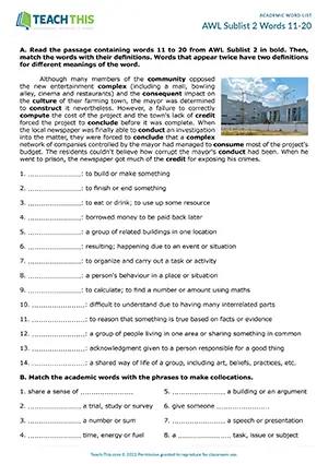 Academic Word List Sublist 2 Words 11-20 Worksheet preview: matching, gap-fill, binary choice, rewriting sentences