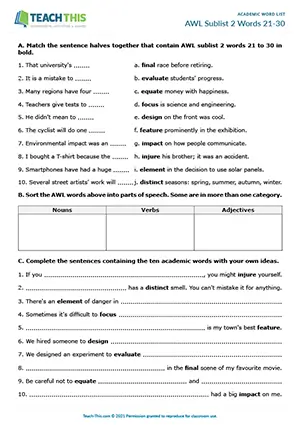 Academic Word List Sublist 2 Words 21-30 Worksheet preview: matching, categorising, sentence completion, multiple choice, gap-fill