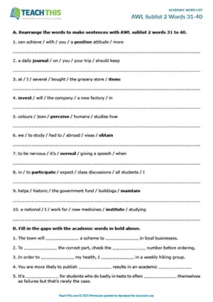 Academic Word List Sublist 2 Words 31-40 Worksheet preview: unscrambling, gap-fill, binary choice, rewriting sentences