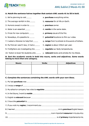 AWL Sublist 2 Words 41-50 Worksheet Preview