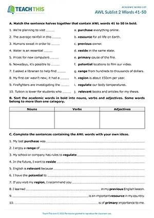 Academic Word List Sublist 2 Words 41-50 Worksheet preview: matching, categorising, sentence completion, changing word forms, multiple choice, gap-fill
