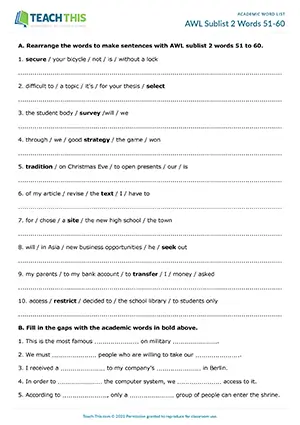 Academic Word List Sublist 2 Words 51-60 Worksheet preview: unscrambling, changing word forms, rewriting sentences