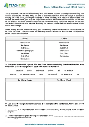 EAP Cause and Effect Essays Worksheet preview for Upper-intermediate B2: block structure, categorising, gap-fill, outlining, essay writing, peer review