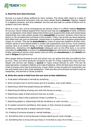 EAP Cause and Effect Essays Worksheet preview for Upper-intermediate B2: burnout, reading, gap-fill, outlining, essay writing, group work