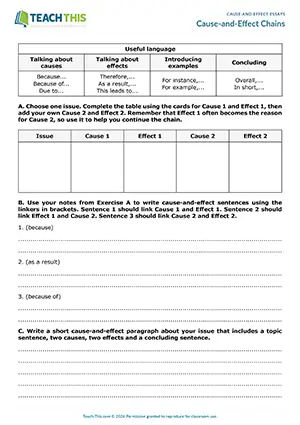 EAP Cause-and-Effect Essays AQctivity preview for Intermediate B1: matching, guided discussion, table completion, writing a paragraph, pair work