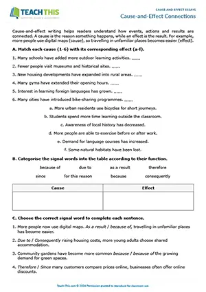 EAP Cause-and-Effect Essays Worksheet preview for Intermediate B1: matching, categorising, binary choice, gap-fill, table completion, writing sentence pairs