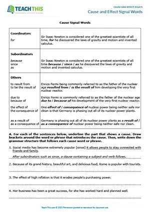 EAP Cause and Effect Essays Worksheet preview for Upper-intermediate B2: signal words, grammar, writing, outlining, essay writing