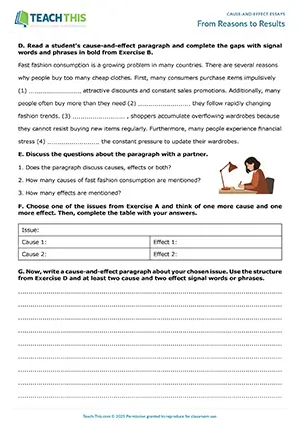 EAP Cause-and-Effect Essays Worksheet preview for Intermediate B1: matching, identifying, binary choice, gap-fill, table completion, paragraph writing, discussion, freer practice, pair work