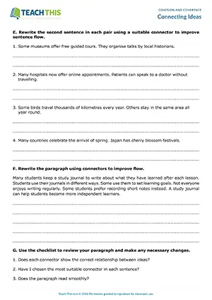 EAP Logical Connectors Worksheet preview for Intermediate B1: identifying, categorising, binary choice, gap-fill, rewriting sentences and a paragraph