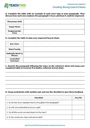EAP cohesion and coherence activity preview for Upper-intermediate (B2) showing identifying, table completion, rewriting a paragraph, peer feedback, pair work