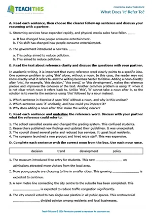 EAP cohesion and coherence worksheet preview for Upper-intermediate (B2) showing binary choice, identifying, gap-fill, sentence rewriting, paragraph rewriting, peer feedback, guided discussion, freer practice, pair work