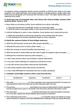 EAP cohesion and coherence worksheet preview for Upper-intermediate (B2) showing binary choice, matching, gap-fill, sentence completion, writing sentences