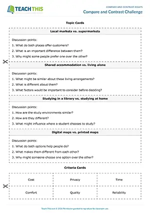 EAP Compare and Contrast Essay Game preview for Intermediate B1: guided discussion, table completion, writing sentence pairs, group work