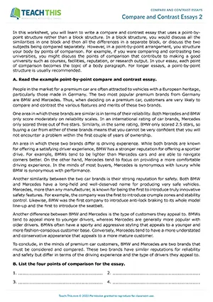 EAP Compare and Contrast Essays Worksheet preview for Upper-intermediate B2: point-by-point structure, gap-fill, topic sentences, outlining, essay writing, peer review