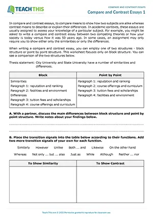 EAP Compare and Contrast Essays Worksheet preview for Upper-intermediate B2: block structure, categorising, transition words, outlining, essay writing