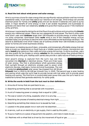 EAP Compare and Contrast Essays Worksheet preview for Upper-intermediate B2: wind power, solar energy, gap-fill, outlining, essay writing, discussion