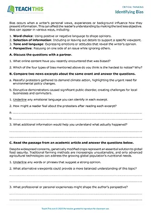 EAP Critical Thinking Worksheet preview for Upper-intermediate B2: identifying, bias analysis, discussion, pair work
