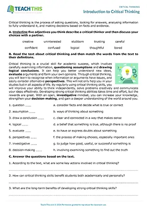EAP Critical Thinking Worksheet preview for Upper-intermediate B2: comprehension, paragraph writing, discussion, pair work