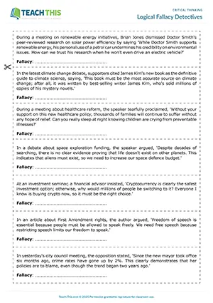 EAP Critical Thinking Game preview for Upper-intermediate B2: logical fallacy scenarios, discussion, group work