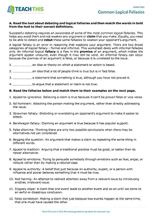 EAP Logical Fallacies Worksheet preview for Advanced C1: matching, categorising, creating examples, identifying fallacies