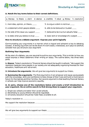 EAP Structuring Arguments Worksheet preview for Upper-intermediate B2: matching, writing, presenting, pair work