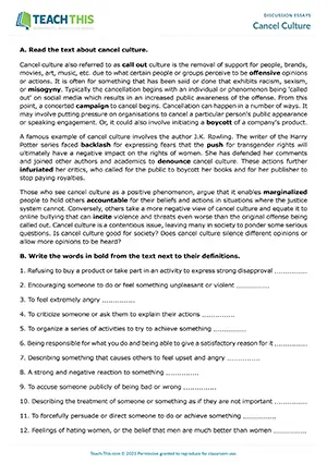 EAP Discussion Essays Worksheet preview for Upper-intermediate B2: cancel culture, matching, outlining, writing, discussion, group work