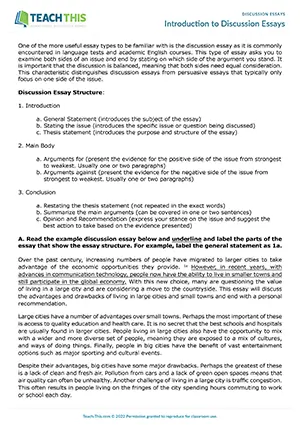 EAP Discussion Essays Worksheet preview for Upper-intermediate B2: model essay structure, outlining, peer feedback