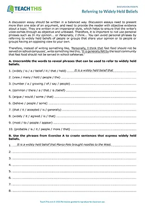 EAP Discussion Essays Worksheet preview for Upper-intermediate B2: widely held beliefs, unscrambling, outlining, pair work