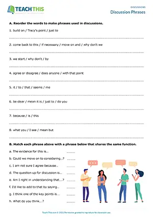 EAP Discussion Phrases Worksheet preview for Upper-intermediate B2: unscrambling, matching, gap-fill, discussion