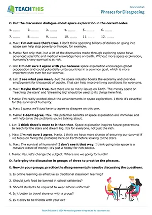 EAP Discussion Skills Worksheet preview for Upper-intermediate B2: phrases for disagreeing, gap-fill, discussion, group work